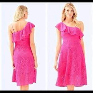 Lilly Pulitzer Hot Pink One-Shoulder Ruffle Midi Dress